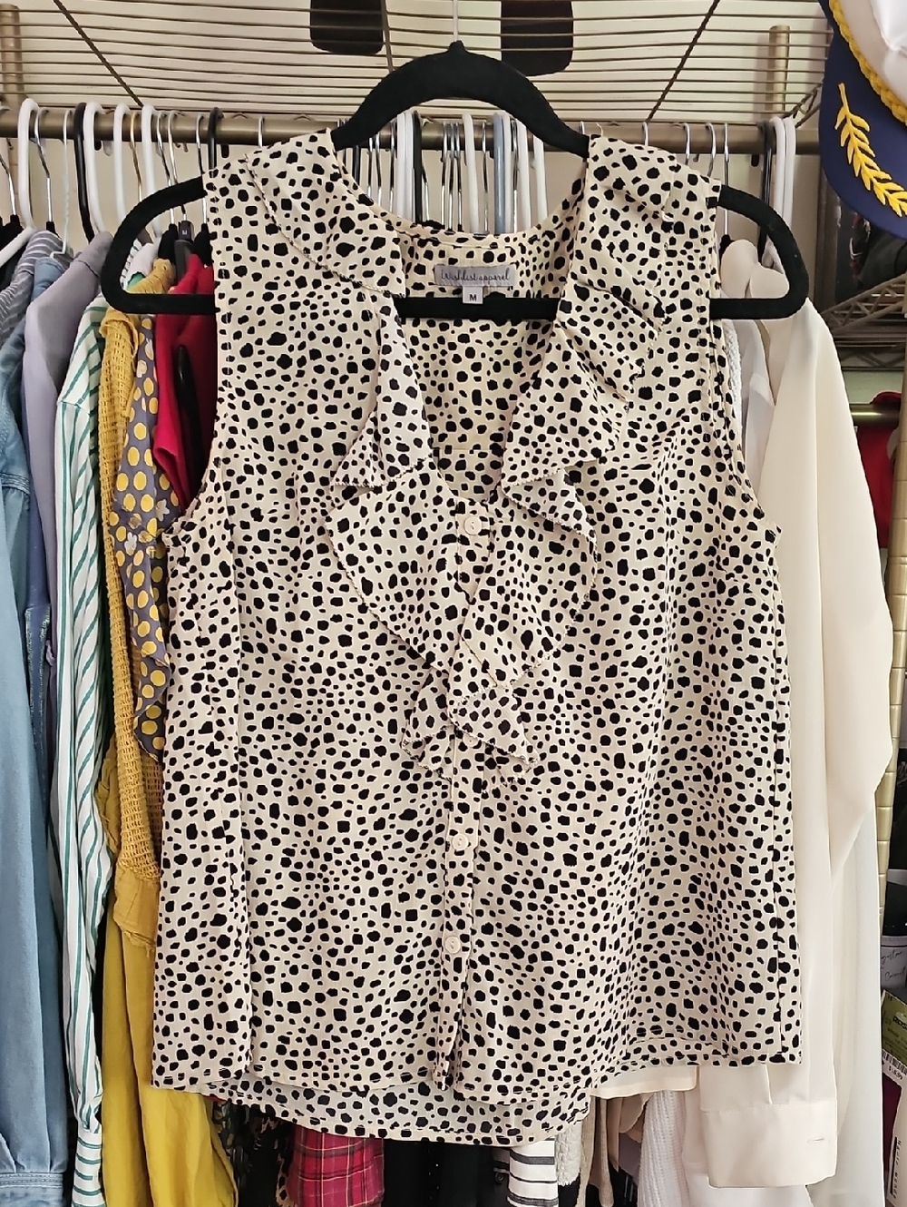 Wishlist Cream and Black Sleeveless Ruffle Polka Dot Blouse